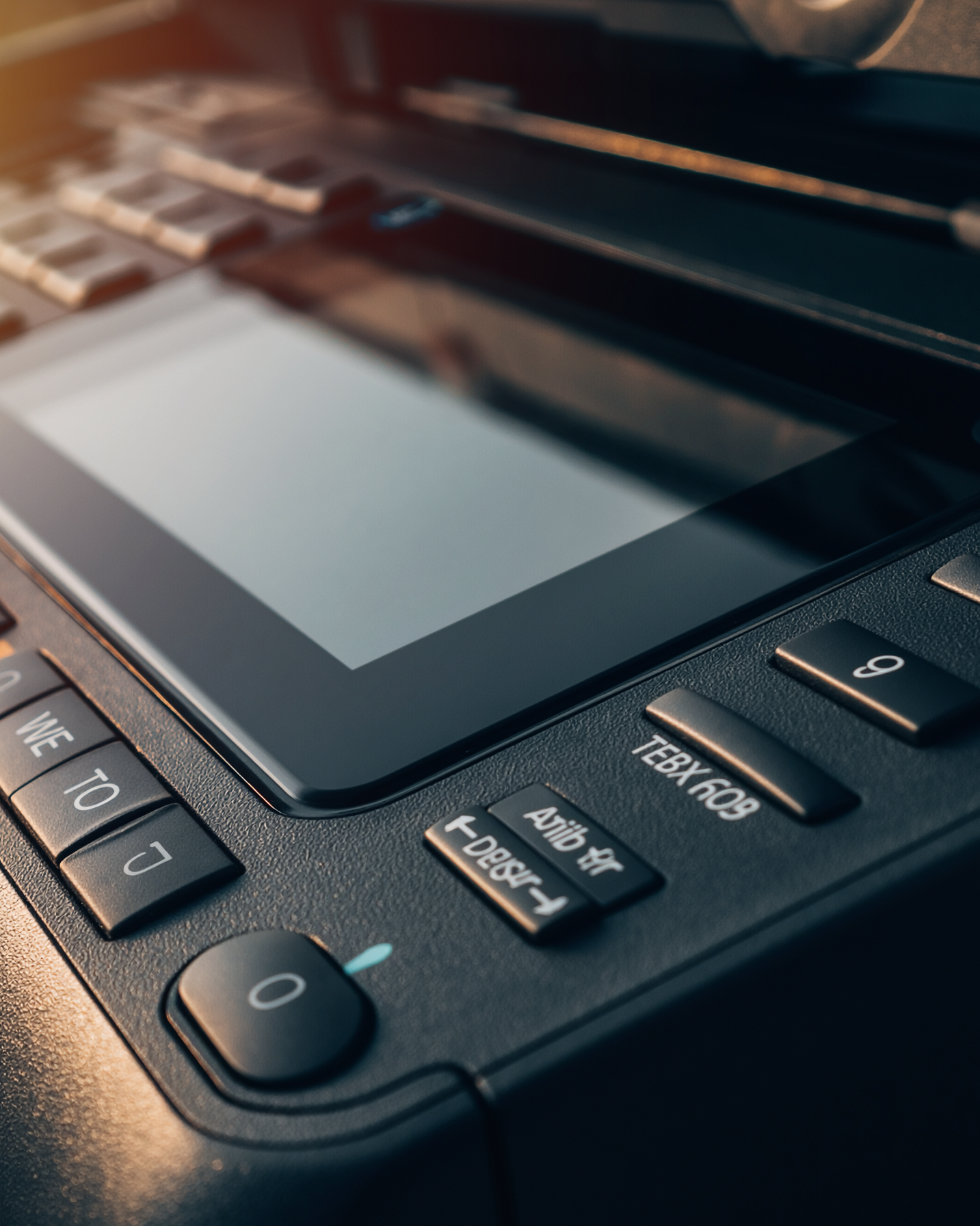 Close-up of a commercial printer control panel, showcasing the seamless hardware integration required for secure business process automation.