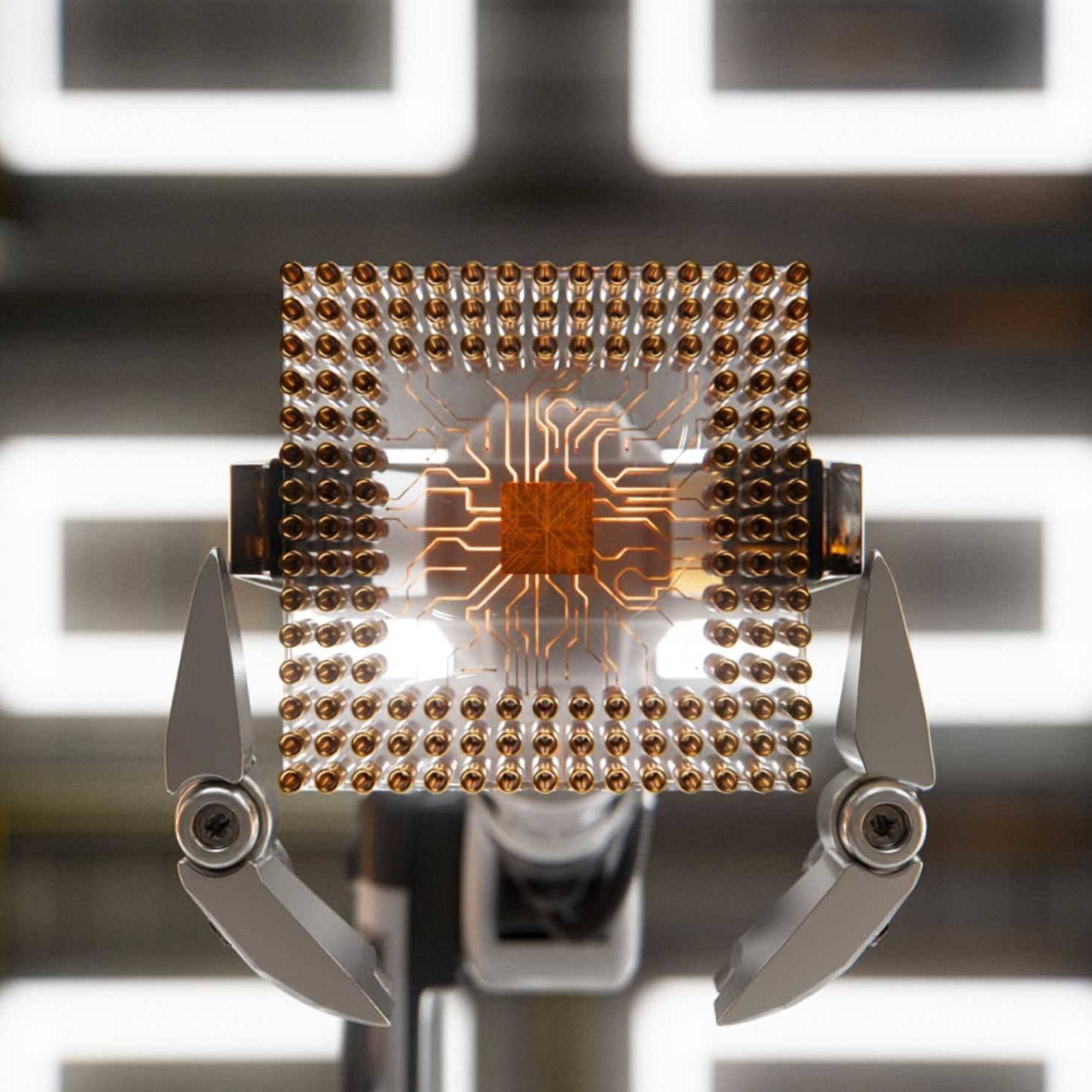 Robotic arm holding a high-tech microchip, illustrating Dragonfly Tech's advanced business process automation and digital workflow solutions for UK companies.
