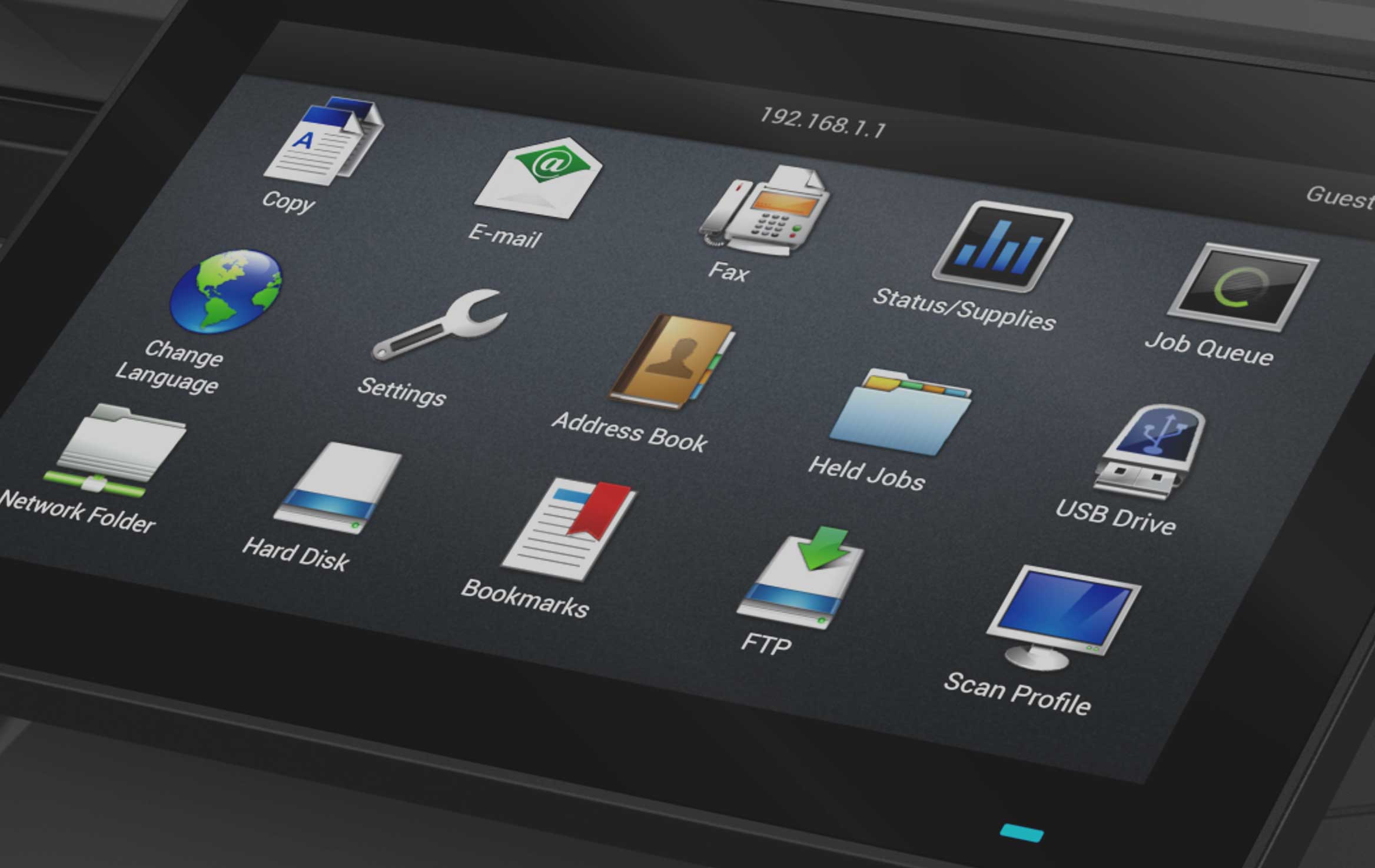 The digital touch-screen control panel of a Toshiba multifunction printer, optimized for cloud workflows and secure user authentication.